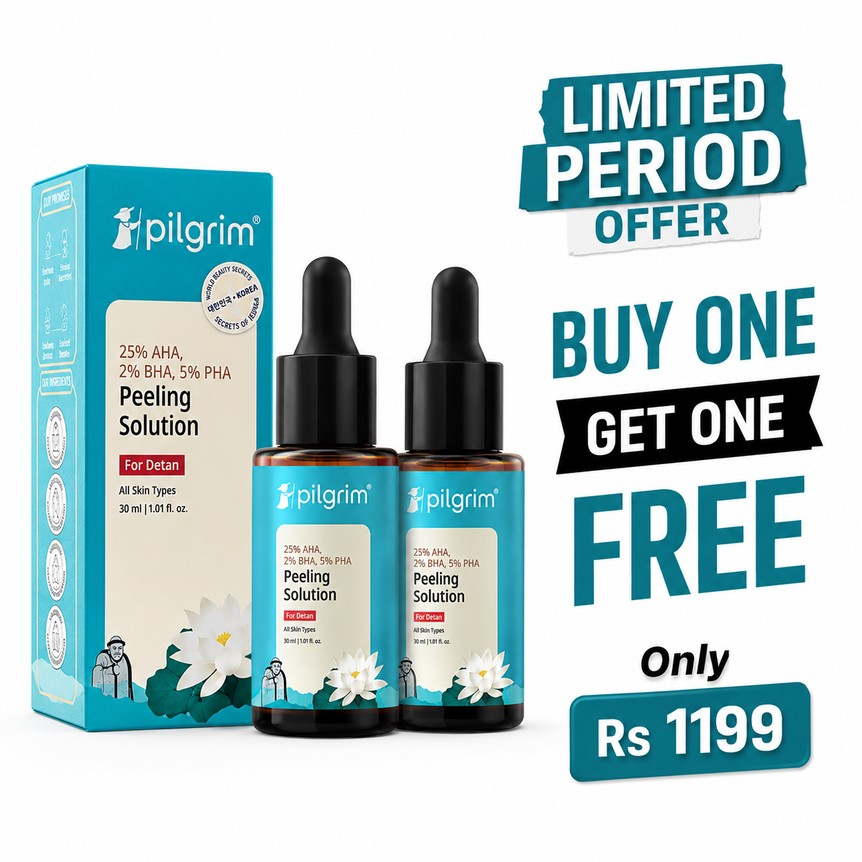 (Buy 1 Get 1 Free) Pilgrim 25% AHA + 2% BHA + 5% PHA Peeling Solution
